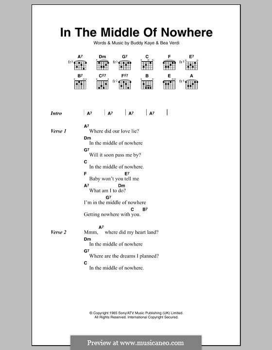 In the Middle of Nowhere (Dusty Springfield): Text und Akkorde by Bea Verdi, Buddy Kaye
