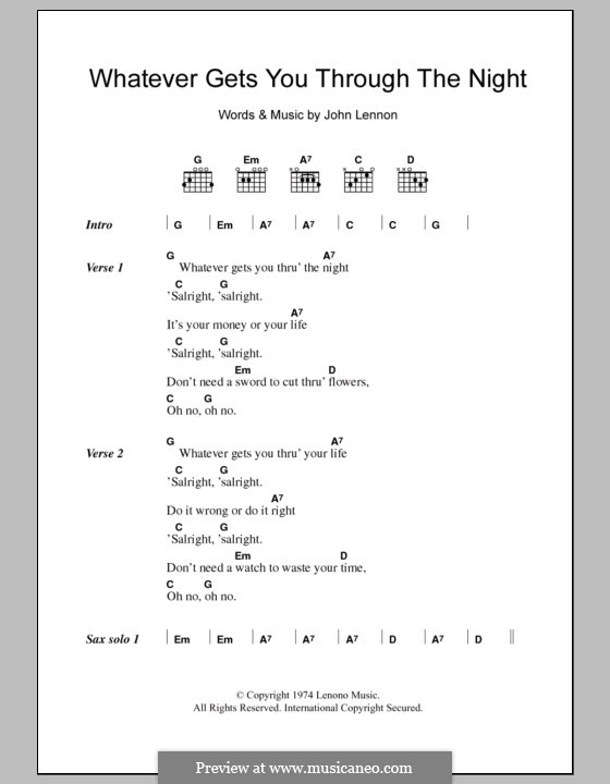 Whatever Gets You Through the Night: Text und Akkorde by John Lennon