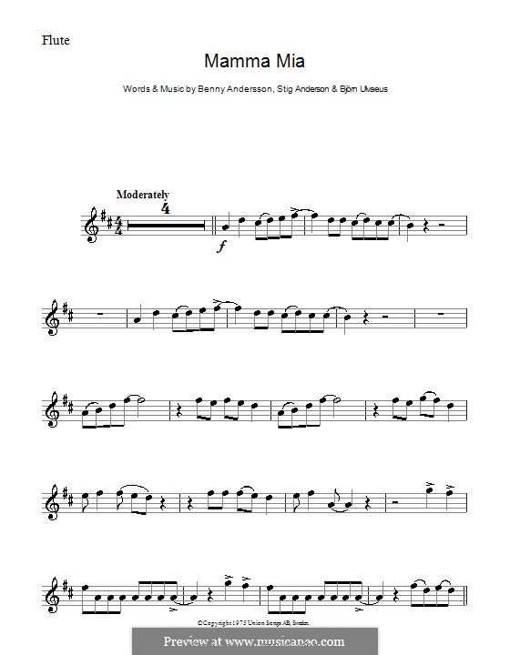 Mamma Mia (ABBA): Für Flöte (D Major) by Benny Andersson, Björn Ulvaeus, Stig Anderson