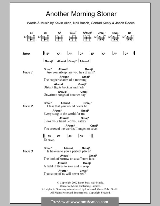 Another Morning Stoner (And You Will Know Us By the Trail of Dead): Texte und Akkorde by Conrad Keely, Jason Reece, Kevin Allen, Neil Busch