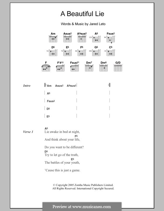 A Beautiful Lie (30 Seconds to Mars): Text und Akkorde by Jared Leto