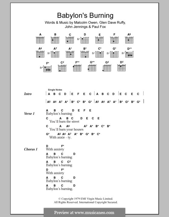 Babylon's Burning (The Ruts): Text und Akkorde by Glen Dave Ruffy, John Jennings, Malcolm Owen, Paul Fox