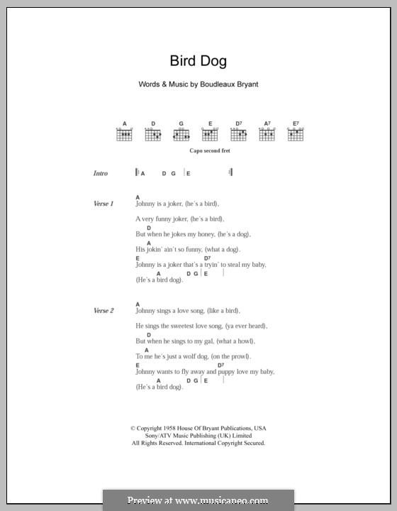 Bird Dog (The Everly Brothers): Text und Akkorde by Boudleaux Bryant