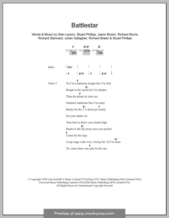 Battlestar (Five): Text und Akkorde by Glen Larson, Jason Brown, Julian Gallagher, Richard Breen, Richard Norris, Richard Stannard, Stuart Phillips