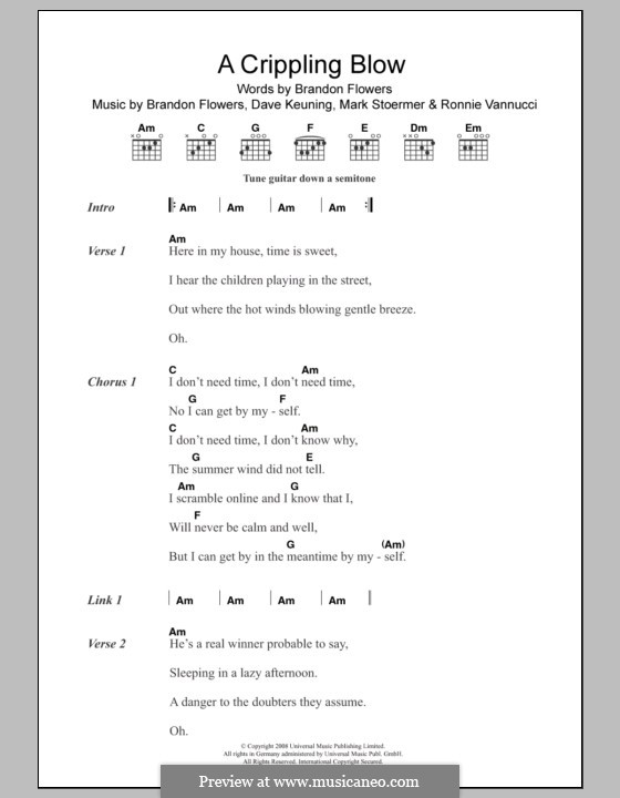 A Crippling Blow (The Killers): Text und Akkorde by Brandon Flowers, Dave Keuning, Mark Stoermer, Ronnie Vannucci