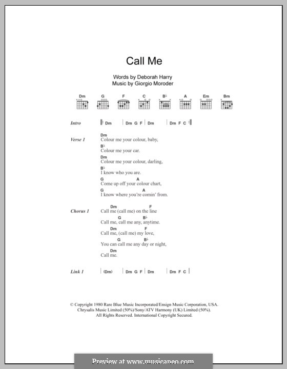 Call Me (Blondie): Text und Akkorde by Deborah Harry, Giorgio Moroder
