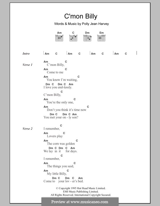 C'mon Billy: Text und Akkorde by Polly Jean Harvey