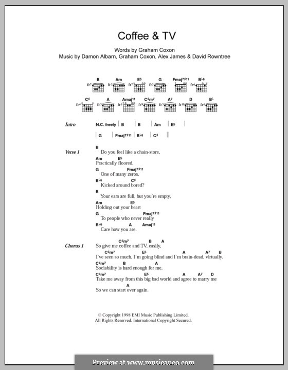 Coffee & TV (Blur): Texte und Akkorde by Alex James, Damon Albarn, David Rowntree, Graham Coxon