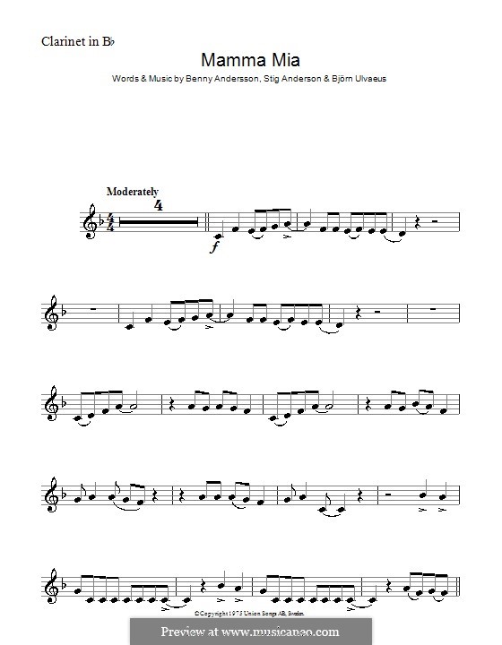 Mamma Mia (ABBA): For clarinet in Bb by Benny Andersson, Björn Ulvaeus, Stig Anderson