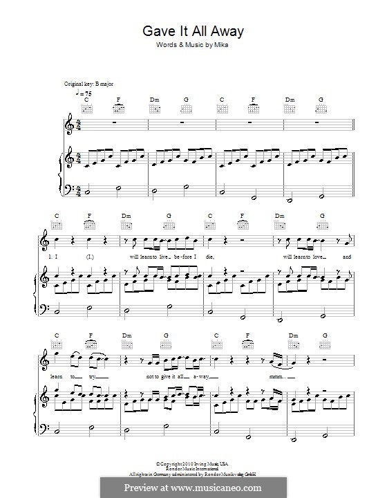 Gave It All Away (Boyzone): Für Stimme und Klavier (oder Gitarre) by Mika
