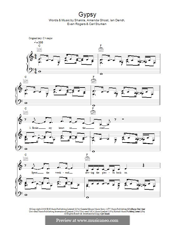 Gypsy: Für Stimme und Klavier (oder Gitarre) by Shakira, Amanda Ghost, Carl Sturken, Evan Rogers, Ian Dench