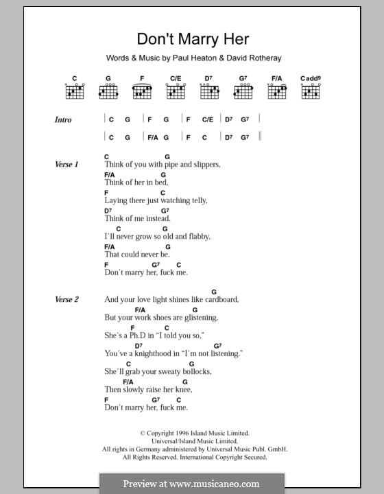 Don't Marry Her (The Beautiful South): Text und Akkorde by David Rotheray, Paul Heaton