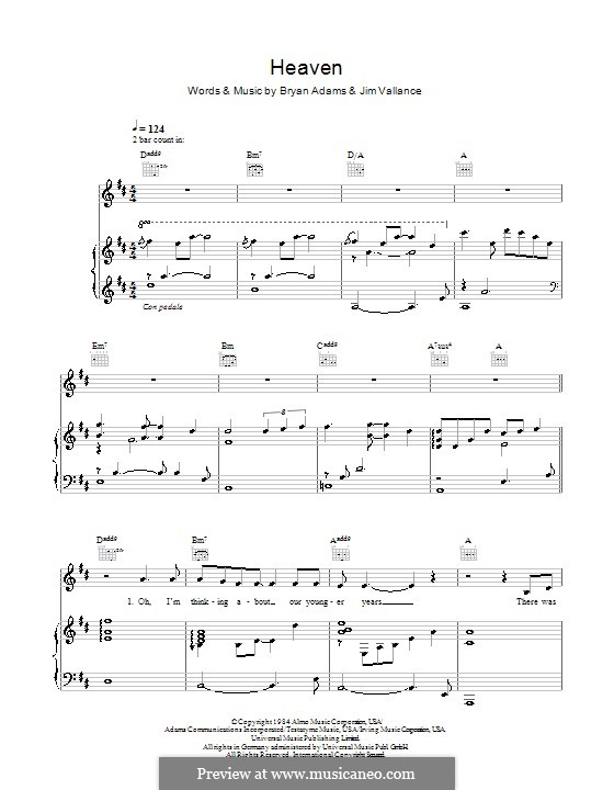 Heaven (DJ Sammy): Für Stimme und Klavier (oder Gitarre) by Bryan Adams, Jim Vallance