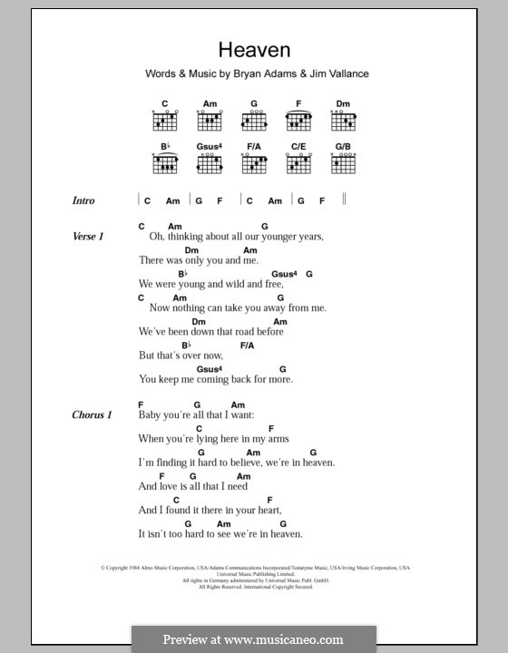 Heaven (DJ Sammy): Texte und Akkorde by Bryan Adams, Jim Vallance