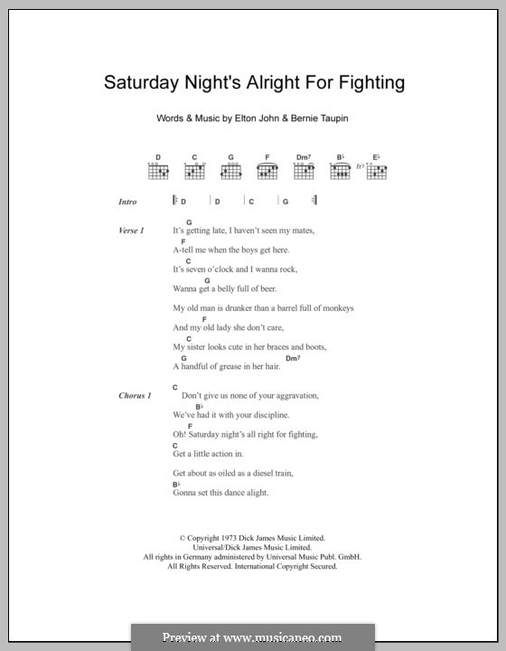 Saturday Night's Alright (For Fighting): Text und Akkorde by Elton John