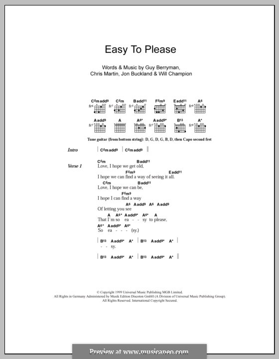 Easy to Please (Coldplay): Text und Akkorde by Chris Martin, Guy Berryman, Jonny Buckland, Will Champion