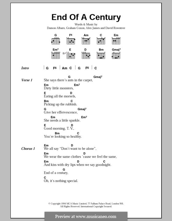 End of a Century (Blur): Texte und Akkorde by Alex James, Damon Albarn, David Rowntree, Graham Coxon