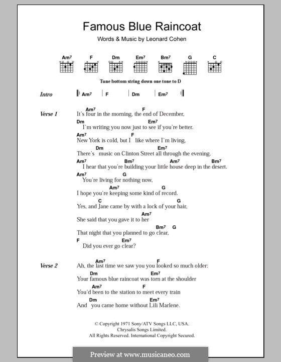 Famous Blue Raincoat: Text und Akkorde by Leonard Cohen