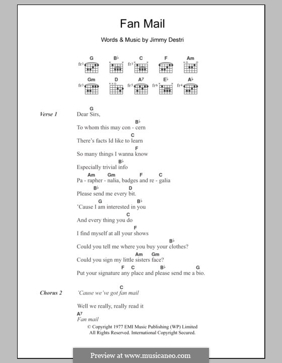 Fan Mail (Blondie): Text und Akkorde by James Mollica Destri