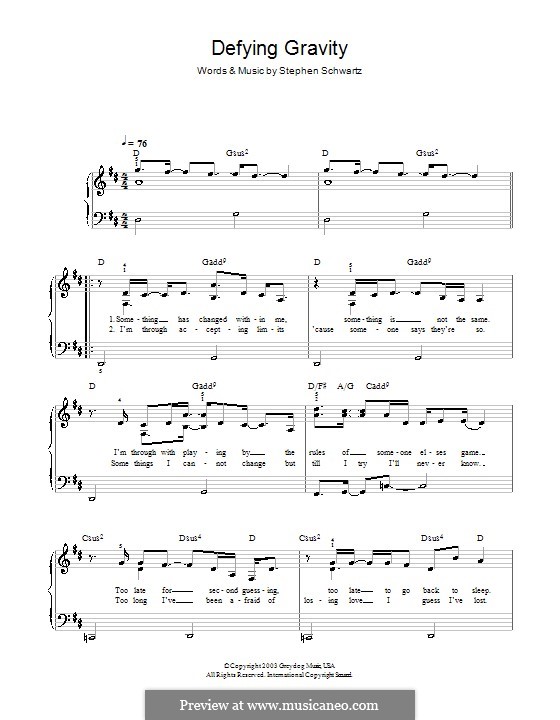 Defying Gravity (from the Broadway Musical Wicked): Für Klavier (leicht, mit Text) by Stephen Schwartz