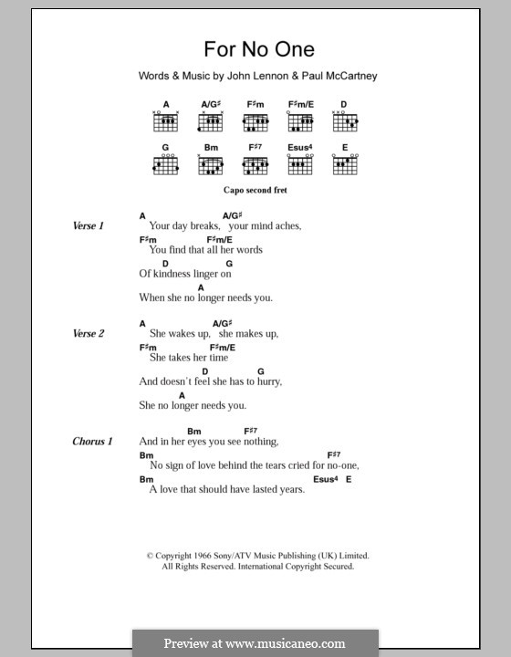 For no One (The Beatles): Text und Akkorde by John Lennon, Paul McCartney