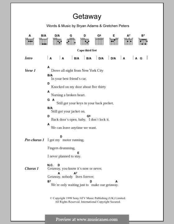 Getaway: Texte und Akkorde by Bryan Adams, Gretchen Peters