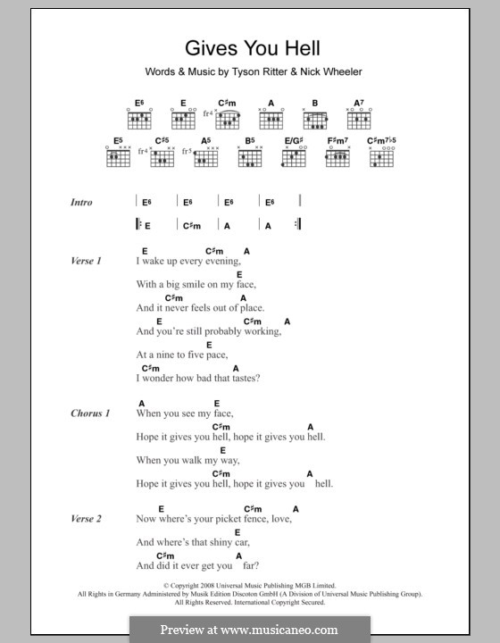 Gives You Hell (The All-American Rejects): Texte und Akkorde by Nick Wheeler, Tyson Ritter