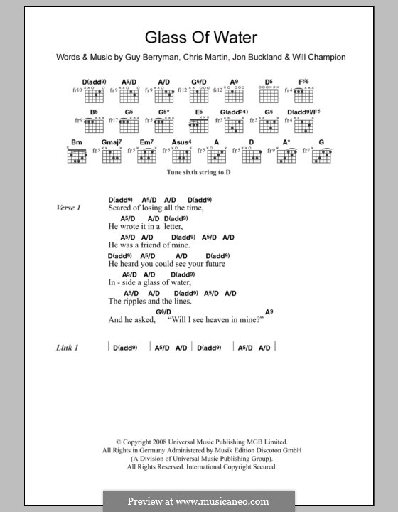 Glass of Water (Coldplay): Text und Akkorde by Chris Martin, Guy Berryman, Jonny Buckland, Will Champion