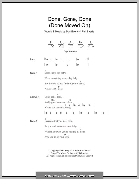 Gone, Gone, Gone (Done Moved On): Text und Akkorde by Don Everly, Phil Everly