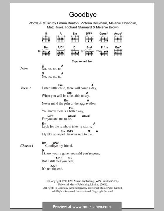 Goodbye (The Spice Girls): Text und Akkorde by Emma Bunton, Matt Rowe, Melanie Brown, Melanie C, Richard Stannard, Victoria Adams