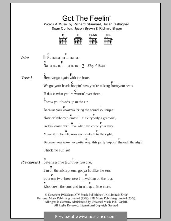 Got the Feelin (Five): Text und Akkorde (Five) by Abs Breen, Jason Brown, Julian Stannard, Richard Neville, Richard Stannard, Scott Robinson, Sean Conlon