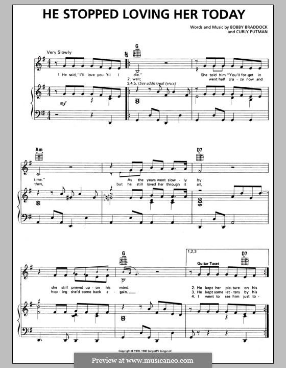 He Stopped Loving Her Today (George Jones): Für Stimme und Klavier (oder Gitarre) by Bobby Braddock, Curly Putman