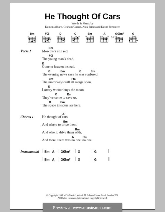He Thought of Cars (Blur): Texte und Akkorde by Alex James, Damon Albarn, David Rowntree, Graham Coxon