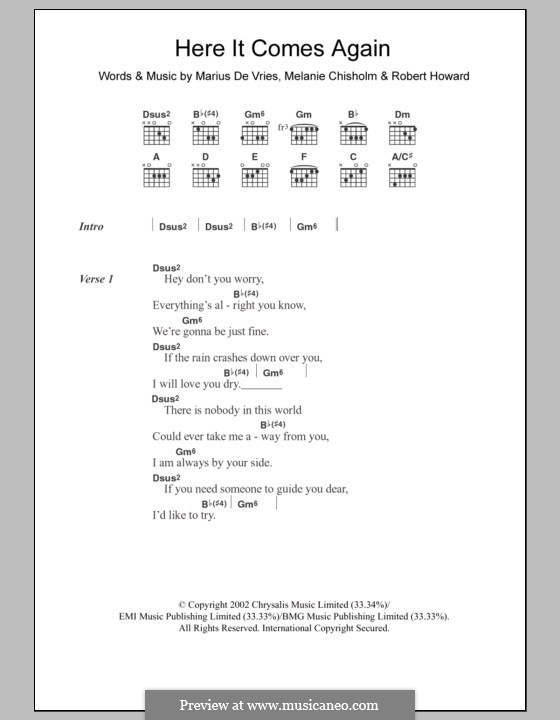 Here It Comes Again (Melanie C): Text und Akkorde by Marius De Vries, Robert Howard