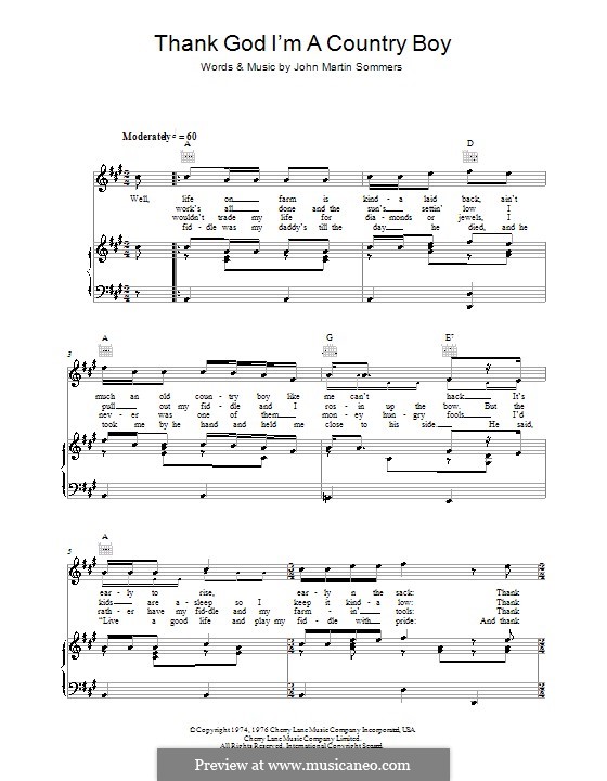 Thank God I'm a Country Boy: Für Stimme und Klavier (oder Gitarre) by John Martin Sommers