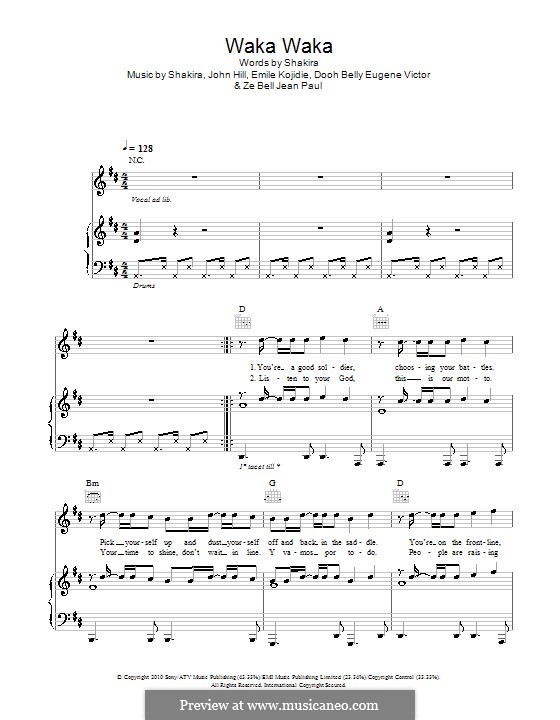 Waka Waka (This Time for Africa): Für Stimme und Klavier (oder Gitarre) by John Leubrie Hill, Shakira, Dooh Belly Eugene Victor, Emile Kojidie, Ze Bell Jean Paul