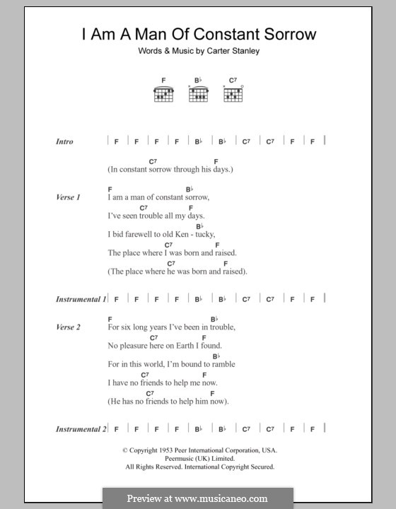 I am a Man of Constant Sorrow (The Soggy Bottom Boys): Texte und Akkorde by Carter Stanley