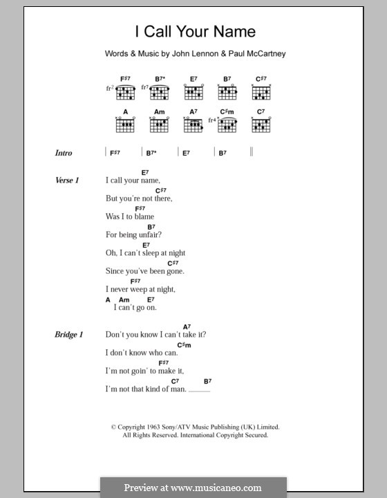 I Call Your Name (The Beatles): Text und Akkorde by John Lennon, Paul McCartney
