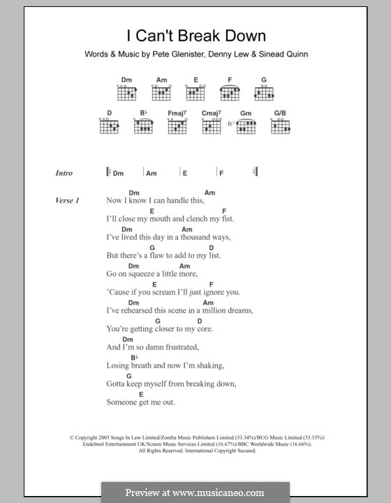 I Can't Break Down: Text und Akkorde by Deni Lew, Pete Glenister, Sinead Quinn