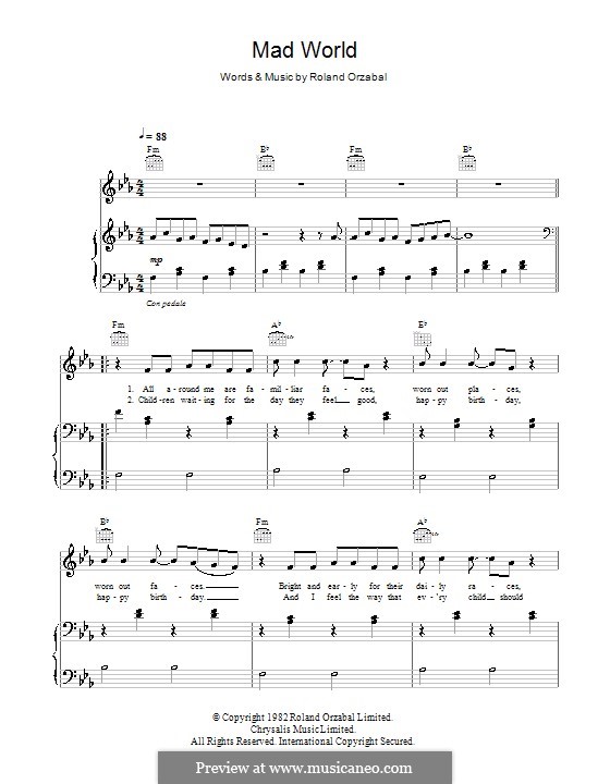 Mad World (Gary Jules & Michael Andrews): Für Stimme und Klavier (oder Gitarre) by Roland Orzabal