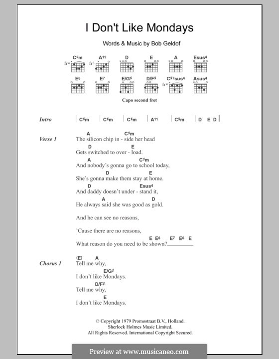 I Don't Like Mondays (The Boomtown Rats): Text und Akkorde by Bob Geldof