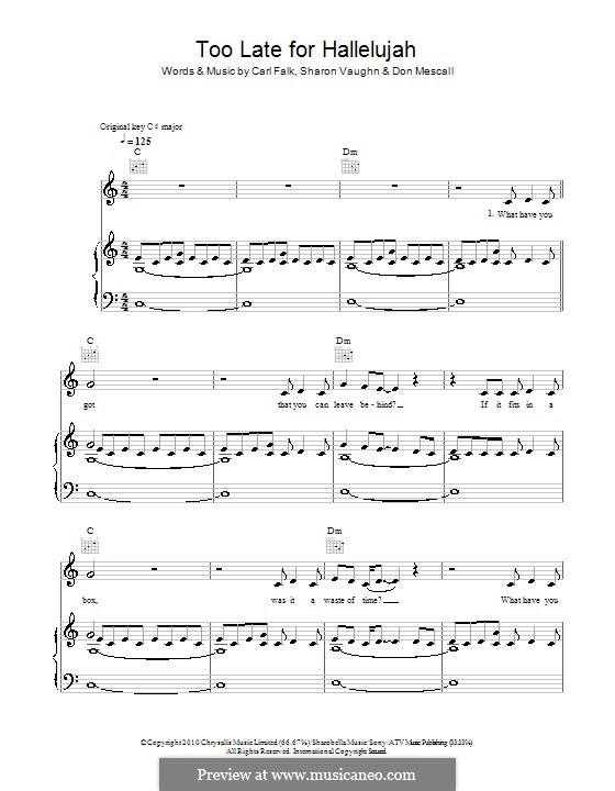 Too Late for Hallelujah (Boyzone): Für Stimme und Klavier (oder Gitarre) by Carl Falk, Don Mescall, Sharon Vaughn