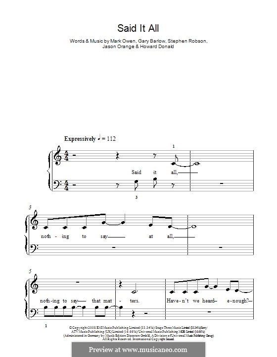 Said It All (Take That): Einfache Noten für Klavier by Gary Barlow, Howard Donald, Jason Orange, Mark Owen, Steve Robson