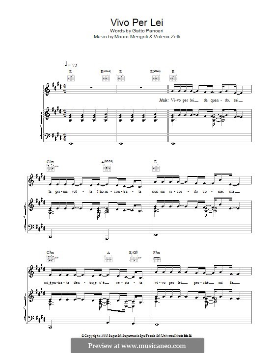 Vivo Per Lei (Andrea Bocelli): Für Stimme und Klavier (oder Gitarre) by Mauro Mengali, Valerio Zelli