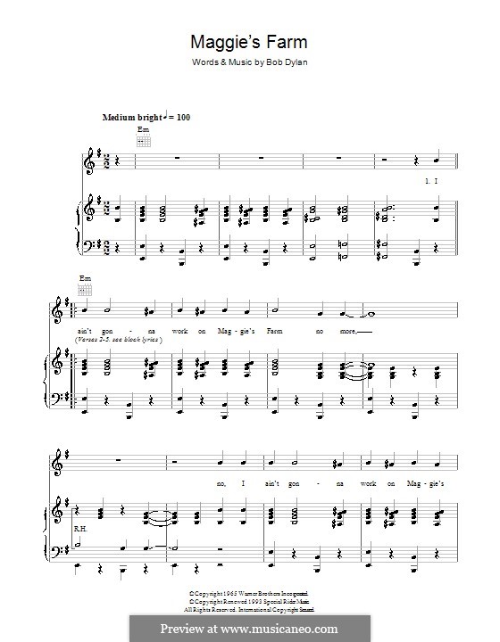 Maggie's Farm: Für Stimme und Klavier (oder Gitarre) by Bob Dylan