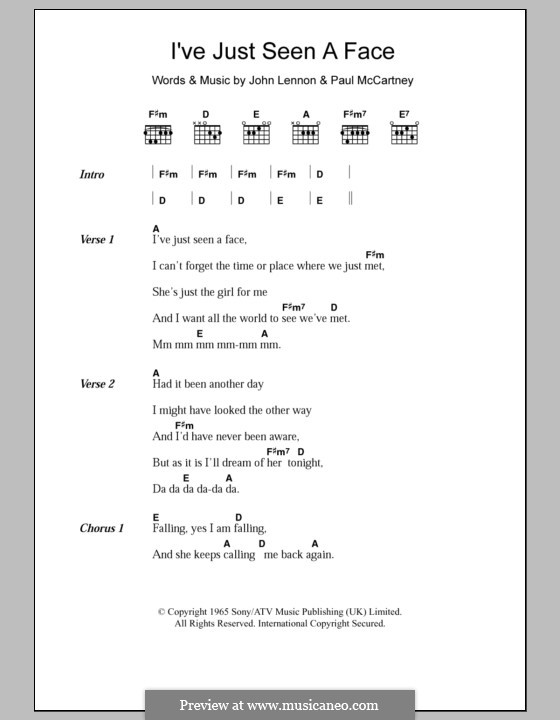 I've Just Seen a Face (The Beatles): Text und Akkorde by John Lennon, Paul McCartney