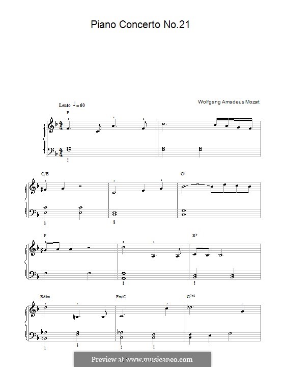 Konzert für Klavier und Orchester Nr.21 in C-Dur, K.467: Teil II (Fragment). Klavierversion für Anfänger by Wolfgang Amadeus Mozart