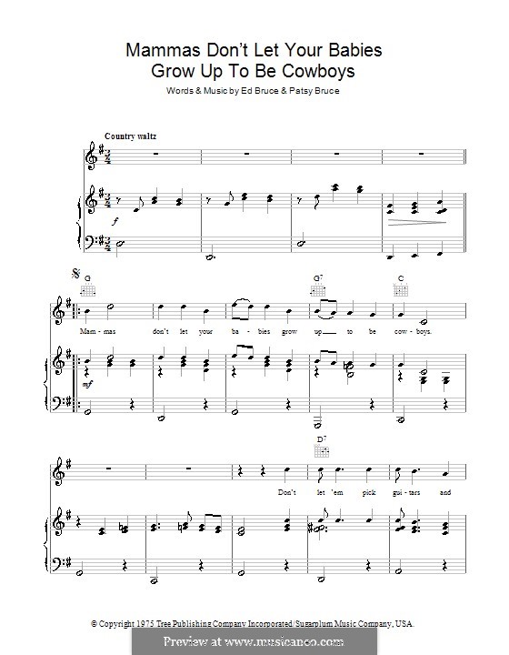 Mammas don't Let Your Babies Grow Up To Be Cowboys (Waylon Jennings & Willie Nelson): Für Stimme und Klavier (oder Gitarre) by Ed Bruce, Patsy Bruce