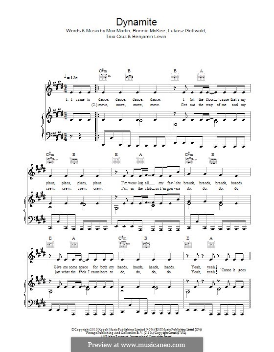 Dynamite (Taio Cruz): Für Stimme und Klavier (oder Gitarre) by Benjamin Levin, Bonnie McKee, Lukas Gottwald, Max Martin