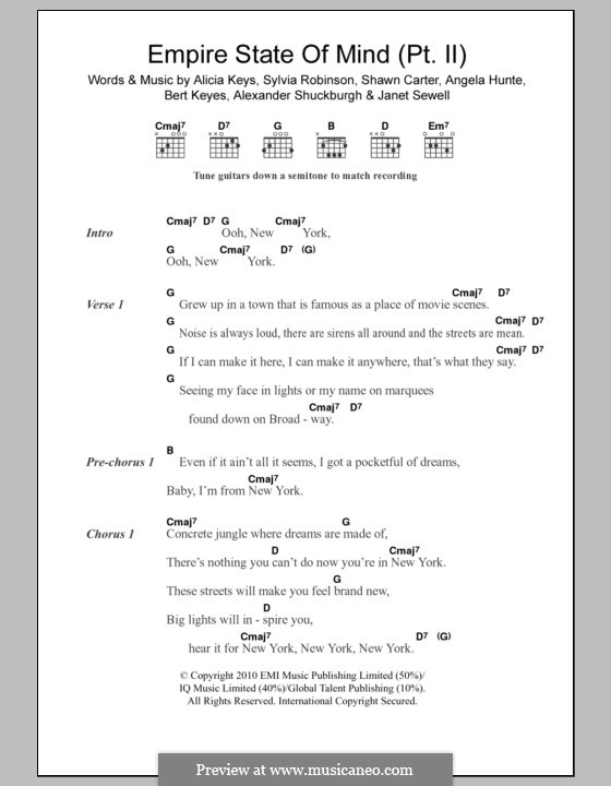 Empire State of Mind (Part II) Broken Down: Text und Akkorde by Alexander Shuckburgh, Alicia Keys, Angela Hunte, Bert Keyes, Janet Sewell-Ulepic, Jay-Z, Sylvia Robinson